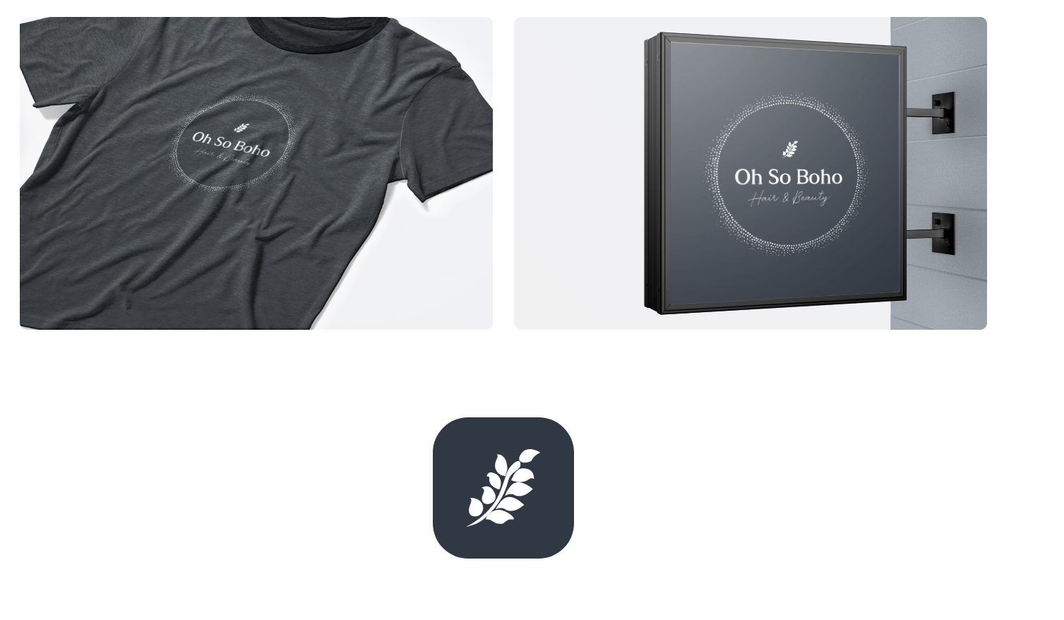 Gray t-shirt and business sign with a circular logo: 