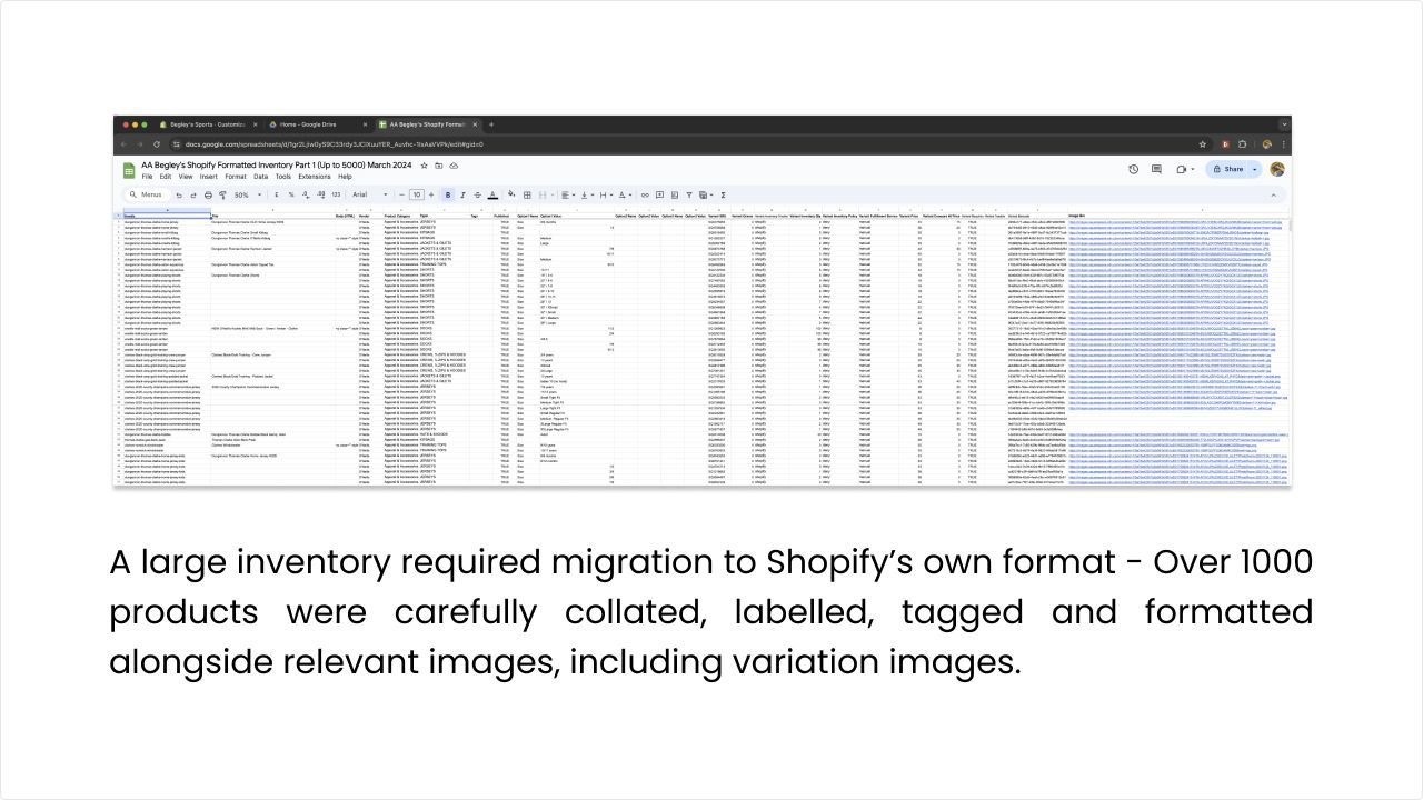Spreadsheet with product data for a Shopify migration, highlighting product information and organization.
