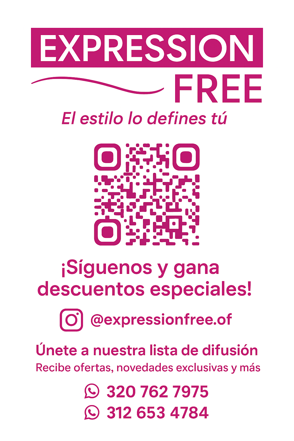 Anuncio de Expression Free con texto, código QR e información de contacto sobre fondo blanco.