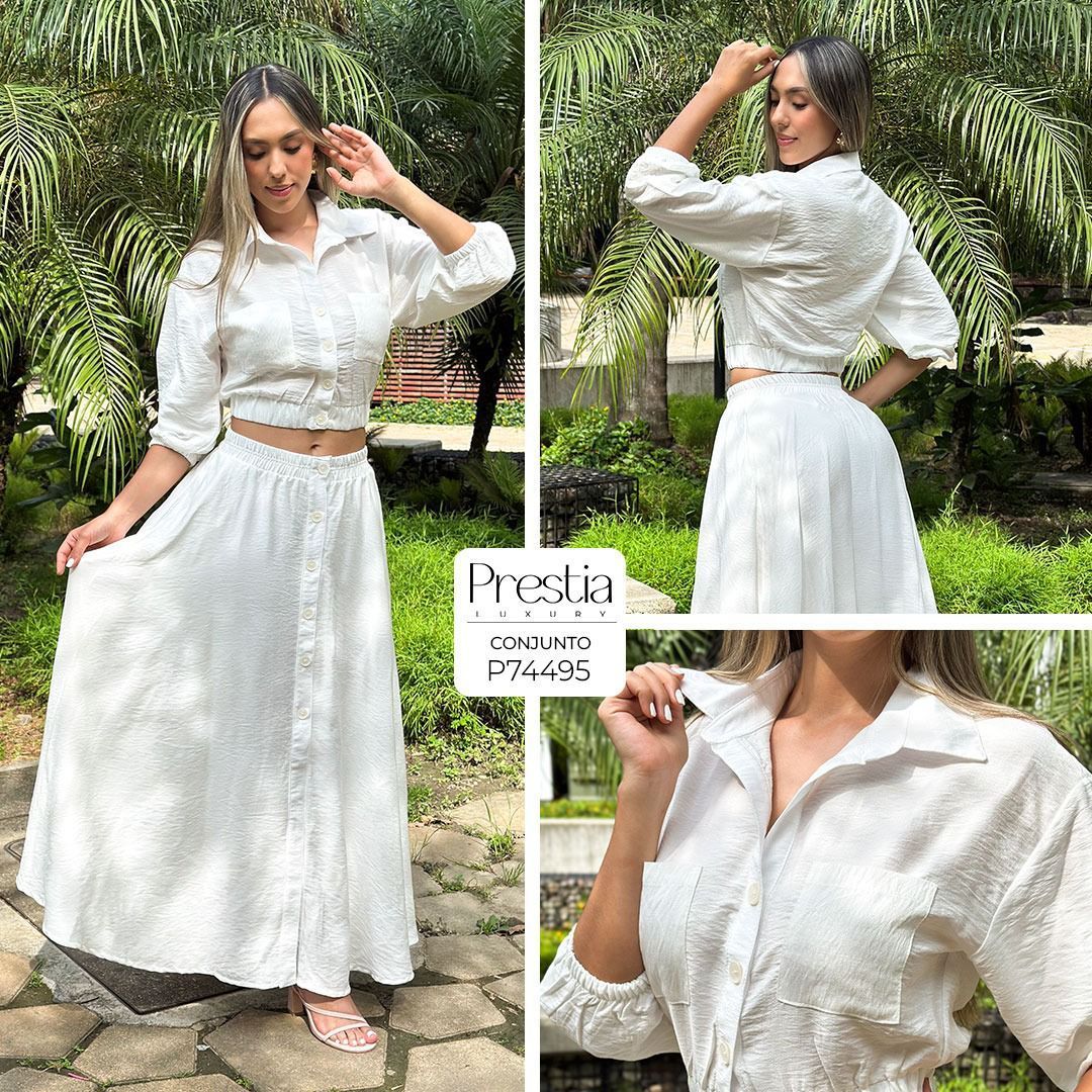 Conjunto falda con camisera recogida y resortada en tela lino craquelado