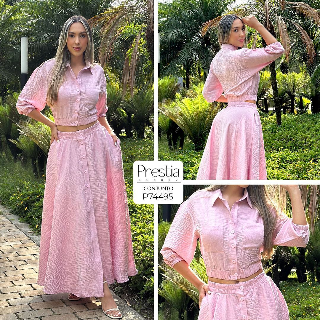 Conjunto falda con camisera recogida y resortada en tela lino craquelado