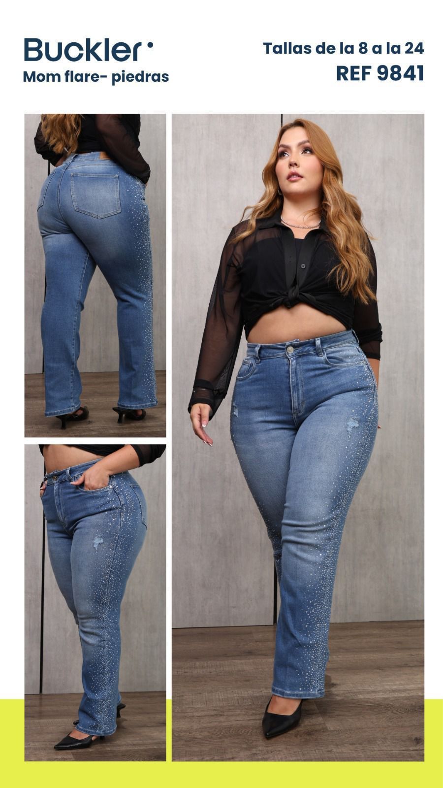 Jeans Plus licrado, tiro alto con brillo lateral y realce de cola