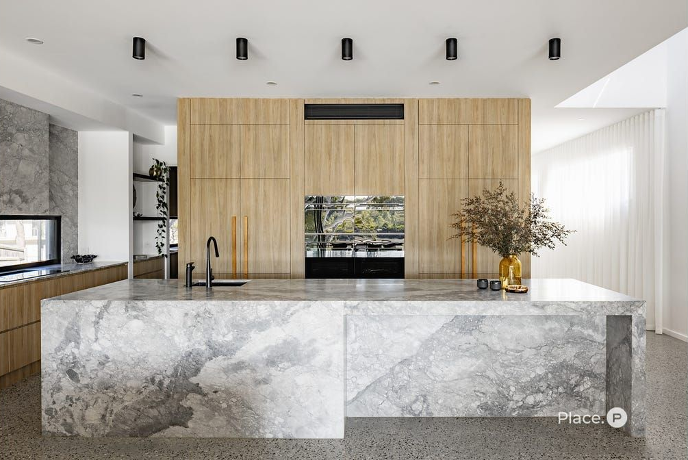 Modern Kitchen Featuring a Large Marble Island — Foreshore Kitchens in Gympie, QLD