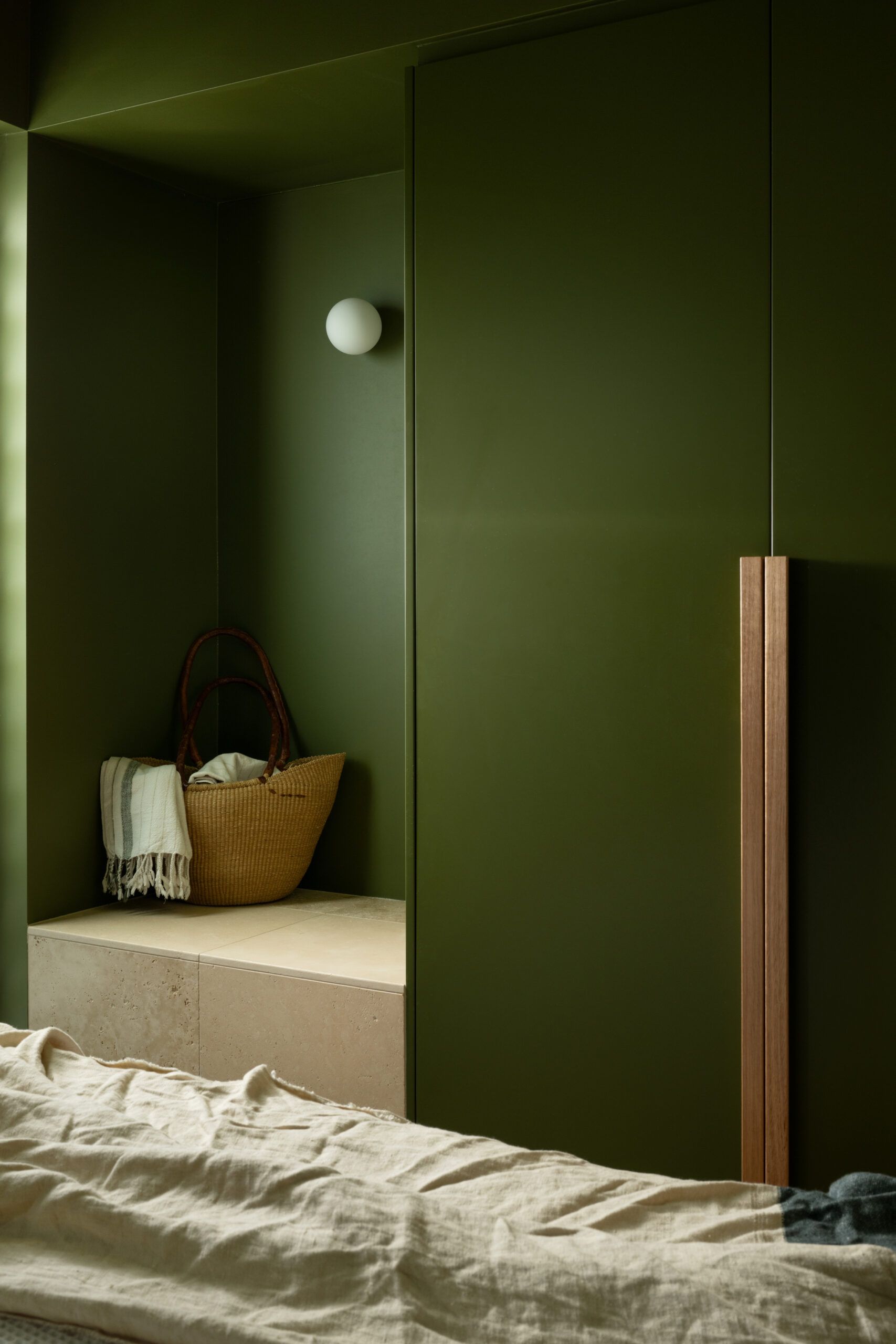 Recessed Olive Green Nook With a Tan Storage Bench — Foreshore Kitchens in Coolum Beach, QLD
