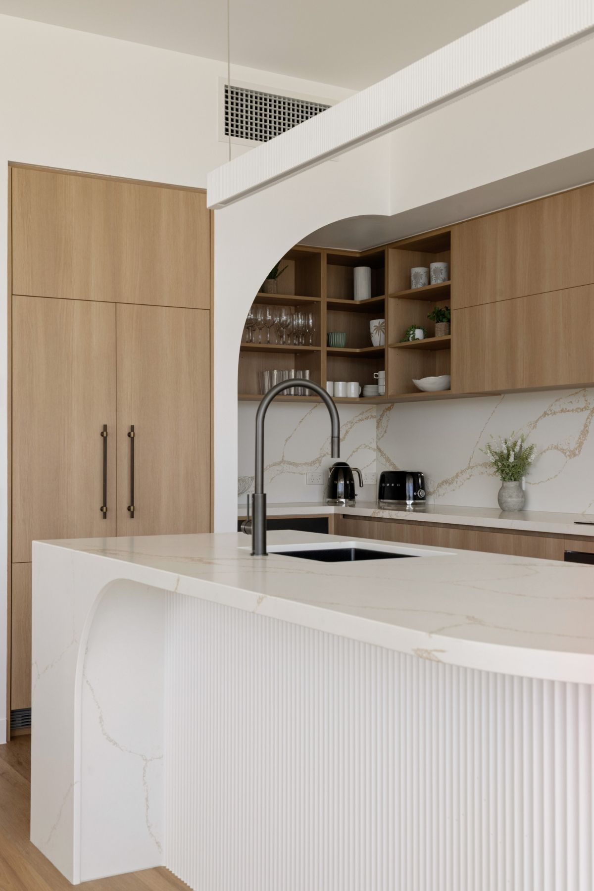 Modern Bathroom With Two Wooden Vanities — Foreshore Kitchens in Coolum Beach, QLD