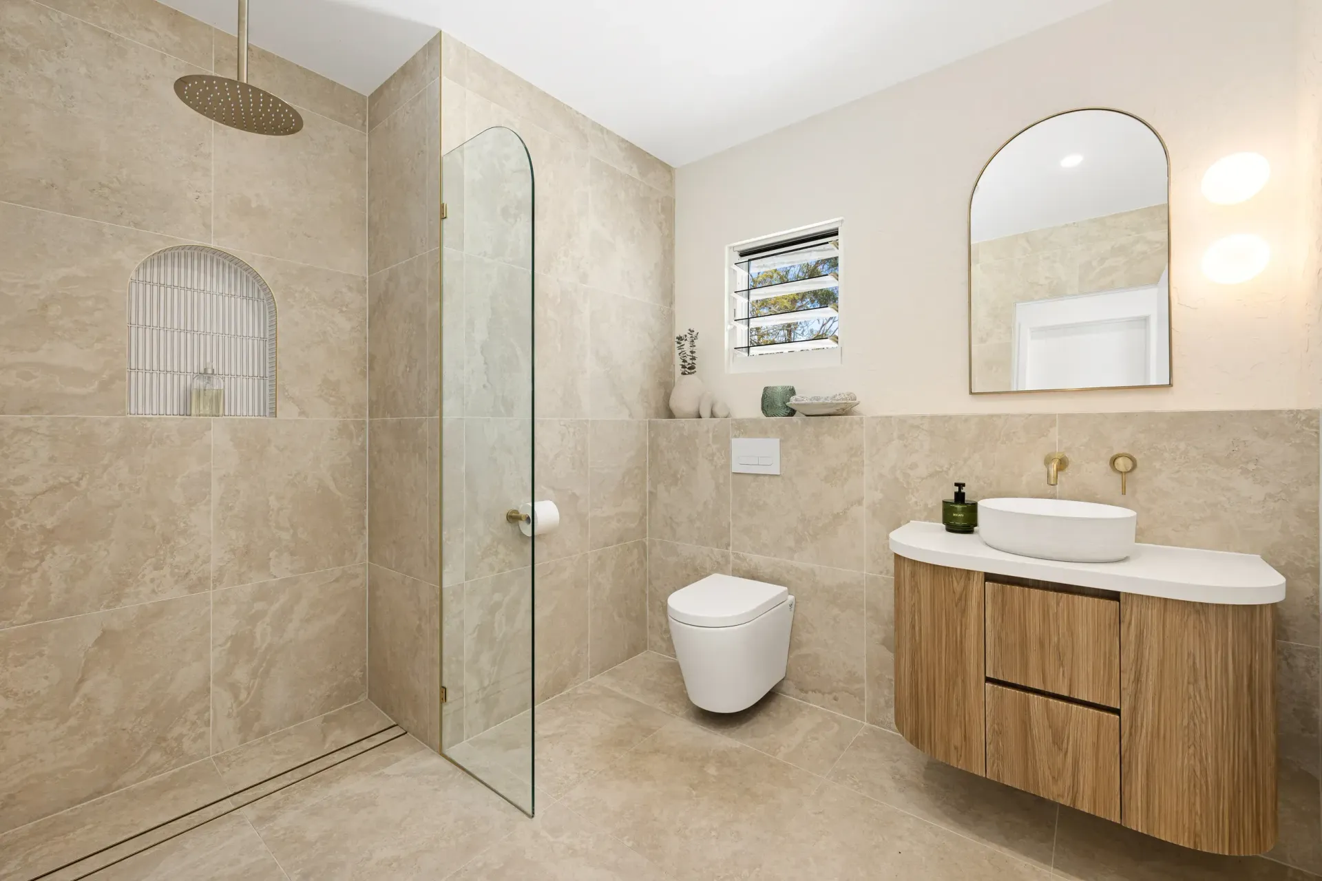 Neutral-toned Bathroom With a Glass-enclosed Walk-in Shower — Foreshore Kitchens in Coolum Beach, QLD