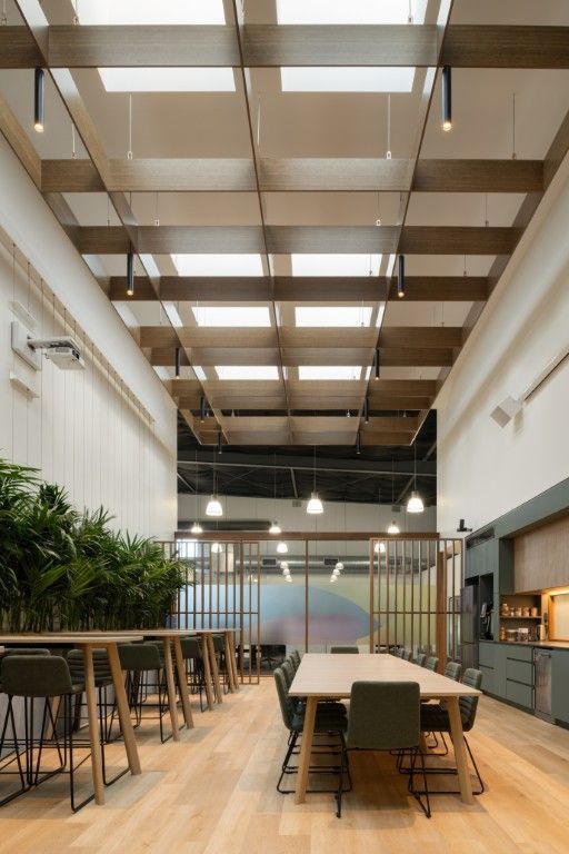 Airy Office Breakroom With a Wooden Grid Ceiling — Foreshore Kitchens in Coolum Beach, QLD