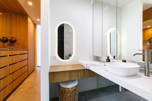 Modern Bathroom Vanity Featuring a Wooden Desk — Foreshore Kitchens in Coolum Beach, QLD