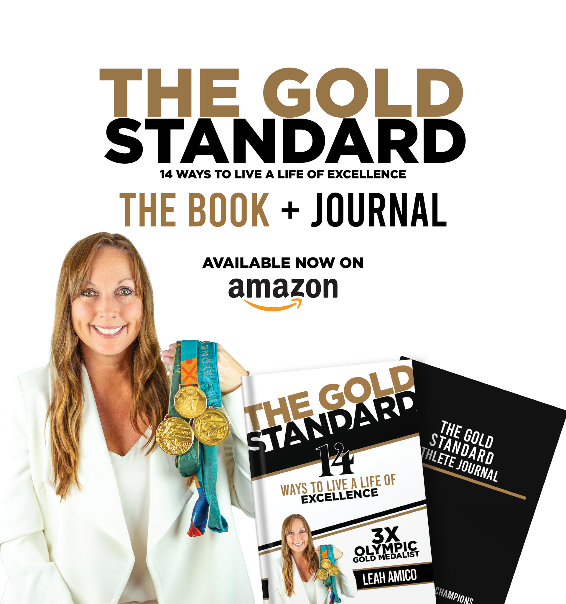 Leah Amico holding her gold medals, books titled 