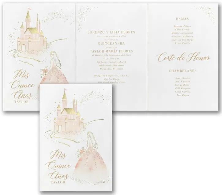 A quinceanera invitation with a castle and a girl in a dress.