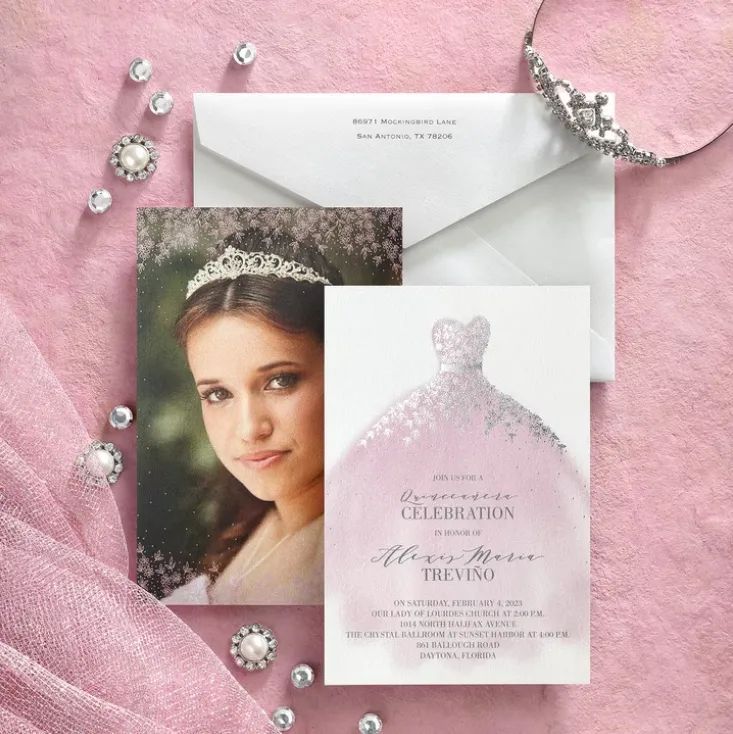 A quinceanera invitation with a picture of a girl wearing a tiara