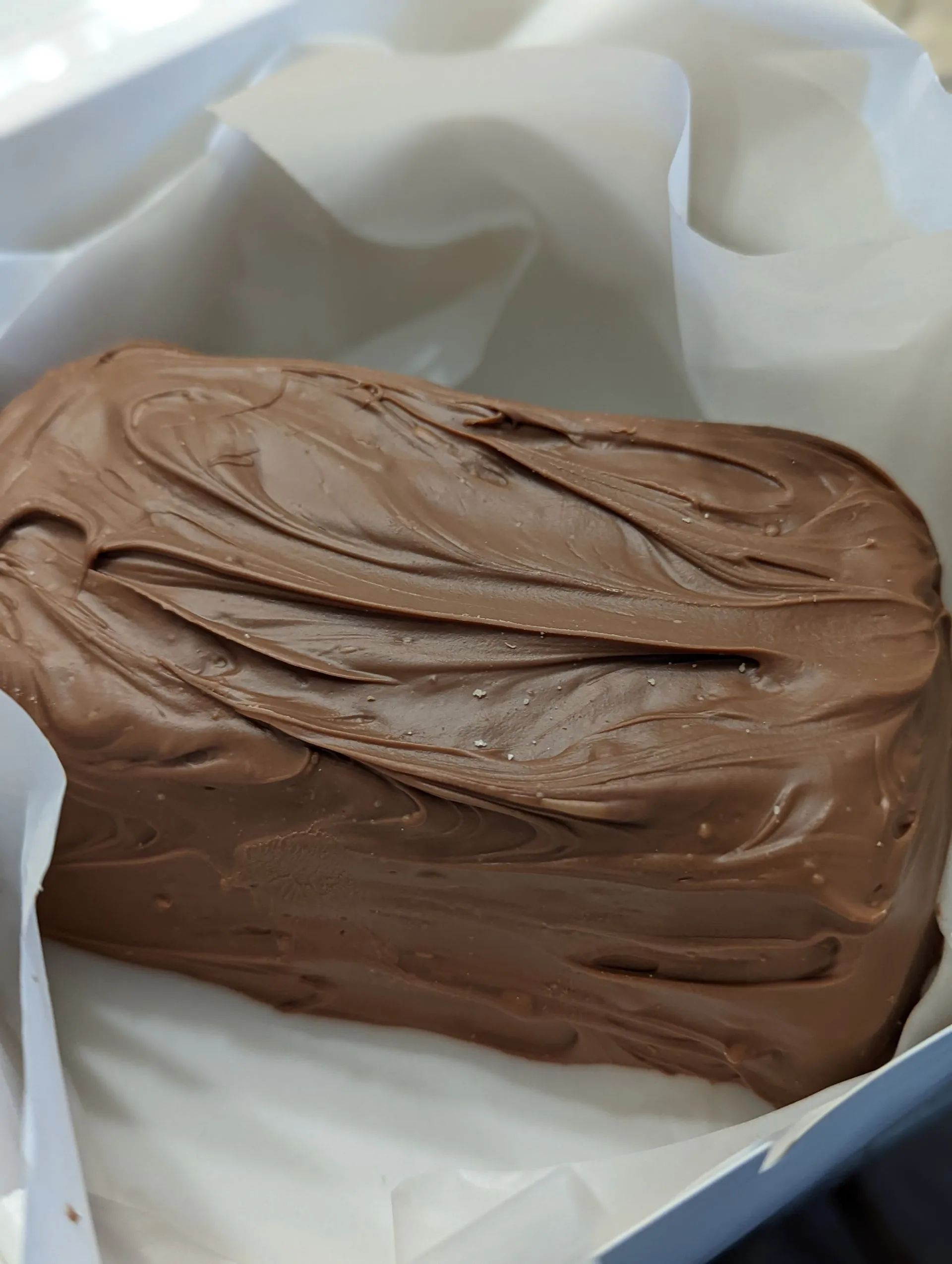 A piece of chocolate cake is sitting in a box
