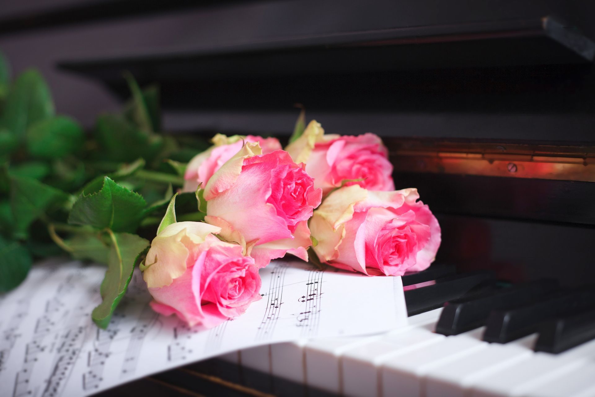A bouquet of pink roses is sitting on top of a piano keyboard.