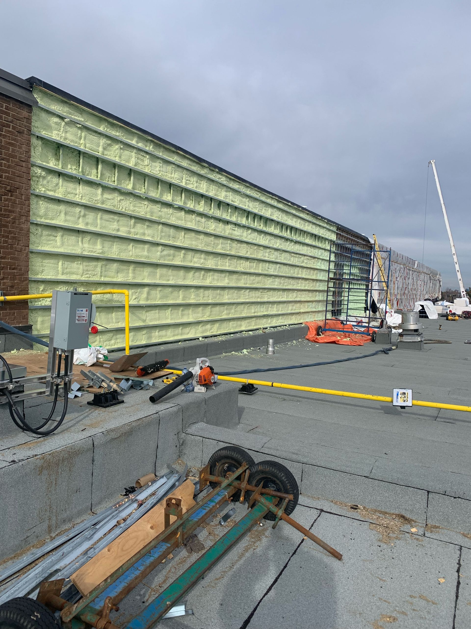 Construction d'un mur extérieur avec isolation verte ; engins de chantier visibles sur un toit plat.