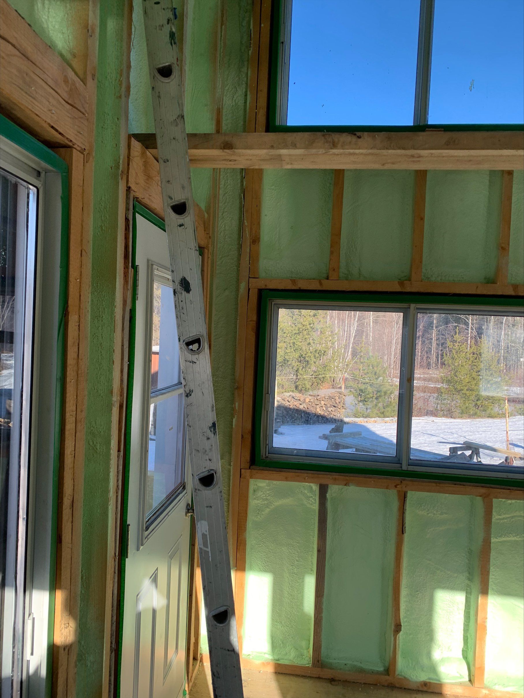 Intérieur d'une cabane en construction, avec un tronc de bouleau appuyé contre le mur. L'isolation verte est visible.
