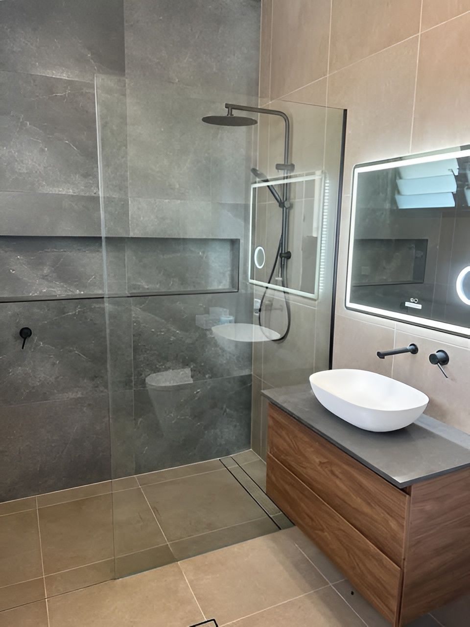 Modern Bathroom with Gray Tiled Shower — Envy Glass in Nambucca Heads, NSW