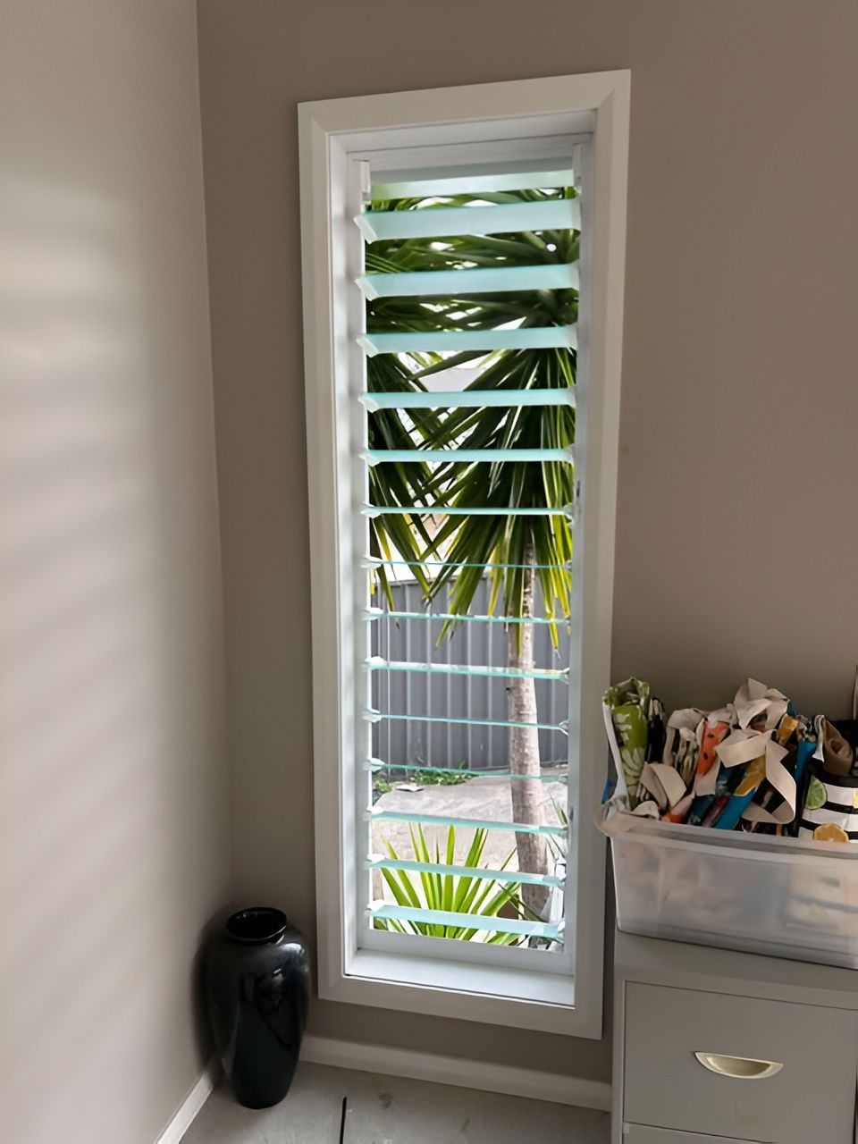 Tall Narrow Window with White Frame and Horizontal Slats — Envy Glass in Nambucca Heads, NSW