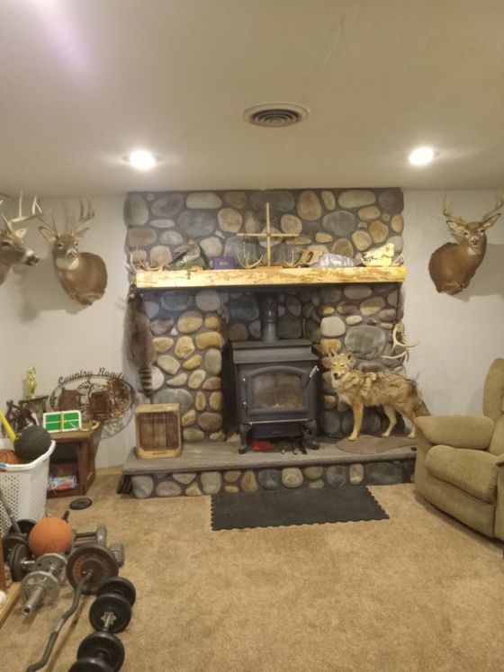 Stone fireplace with red mantel, floral decor, and stacked firewood on both sides in a cozy room