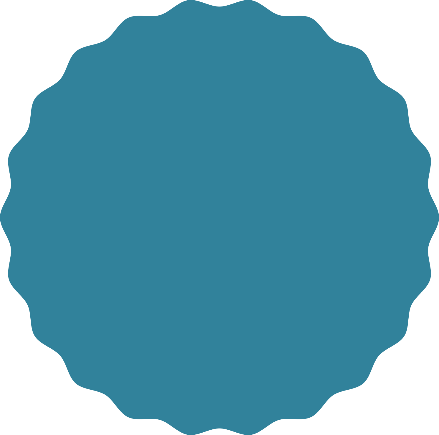 A blue circle with a scalloped edge on a white background.