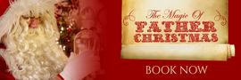A picture of santa claus with a scroll that says `` the magic of father christmas ''.