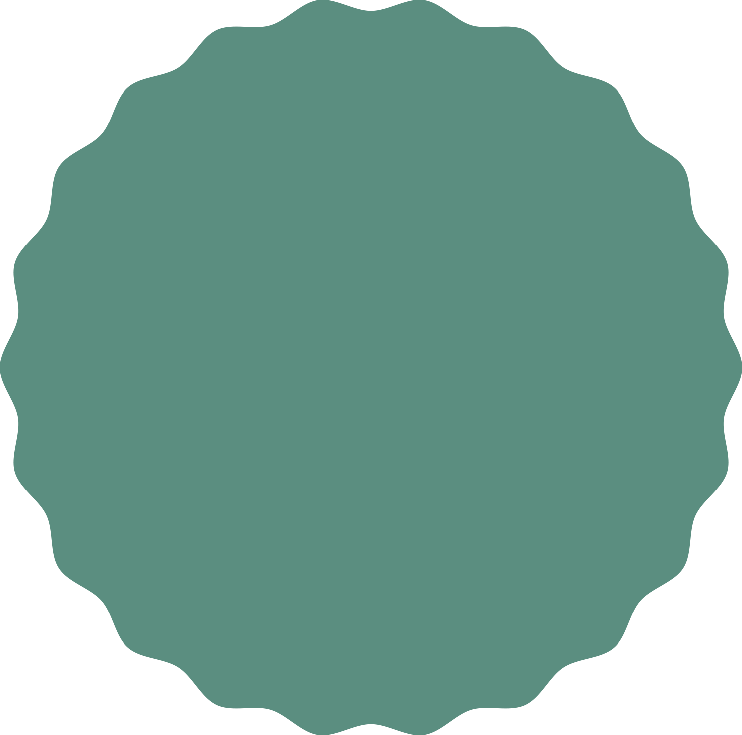 A green circle with a ruffled edge on a white background.