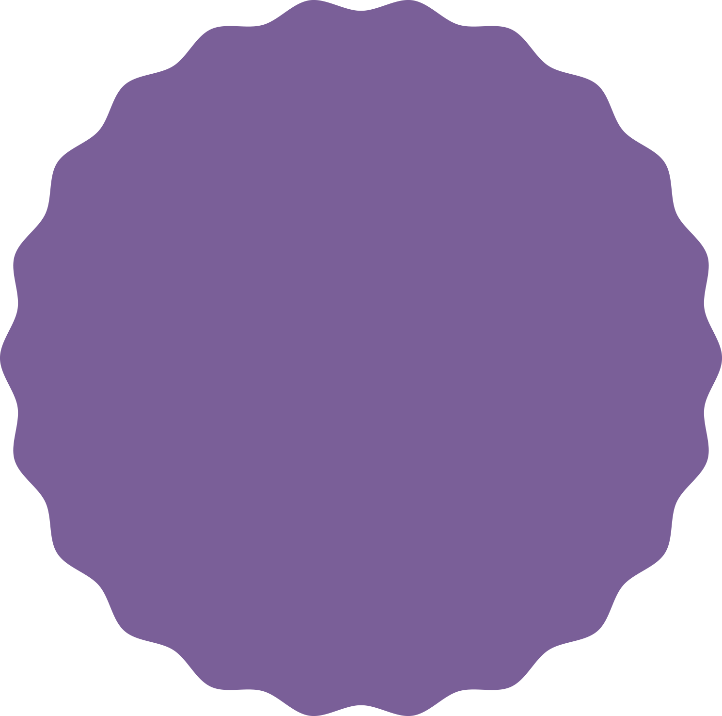 A purple circle with a ruffled edge on a white background.