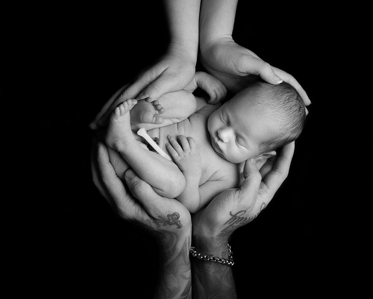 Newborn baby held gently in cupped hands, black and white portrait.
