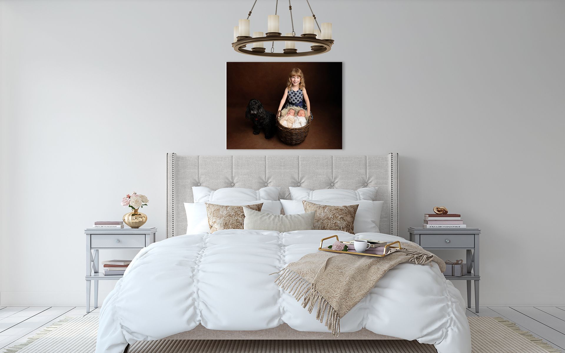Bedroom with white walls, bed, nightstands, and a framed photo.