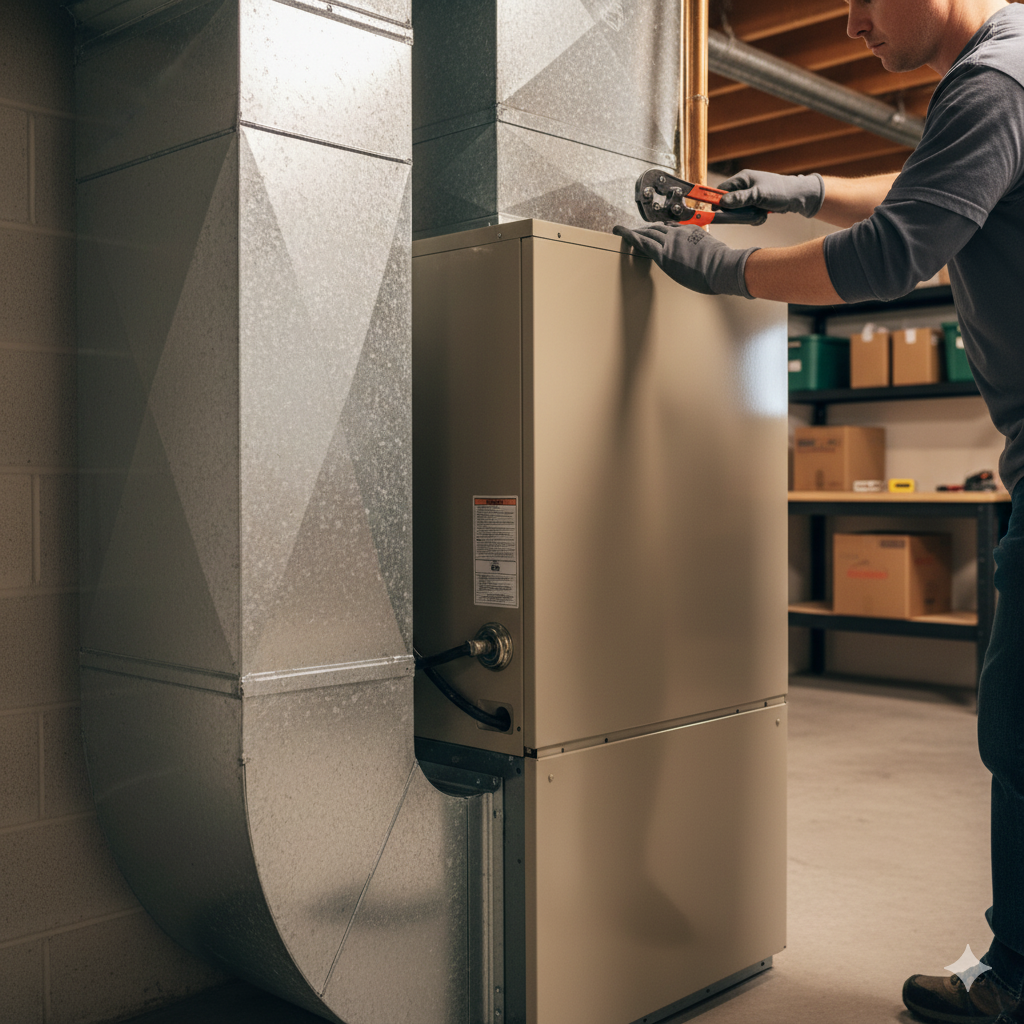 A person in gray gloves works on a furnace, using pliers, with ductwork and boxes in the background.