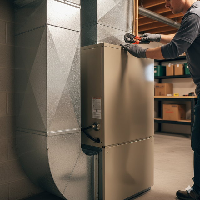 A person in gray gloves works on a furnace, using pliers, with ductwork and boxes in the background.
