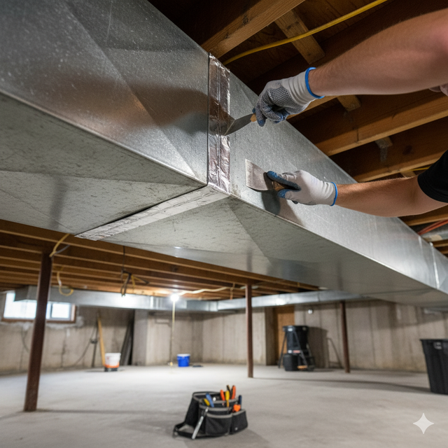 Person sealing HVAC ductwork with a trowel in a basement.
