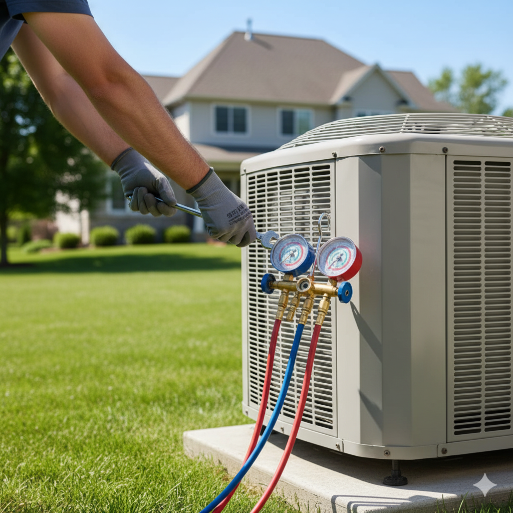 Person servicing an AC unit in a yard, using gauges connected with blue and red hoses.