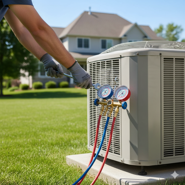 Person servicing an AC unit in a yard, using gauges connected with blue and red hoses.