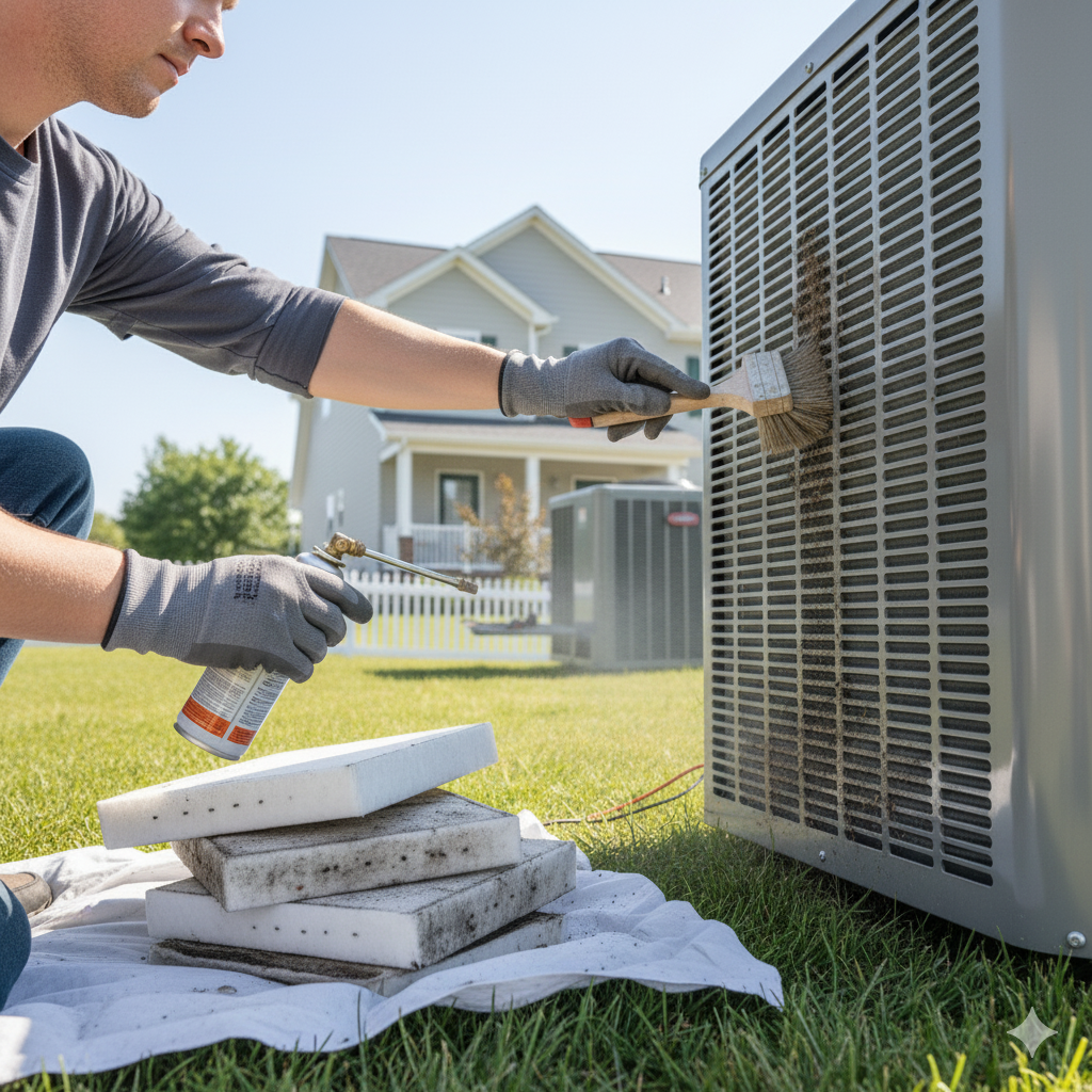Man cleaning an AC unit's condenser fins with a brush. He is wearing gloves and working outside.