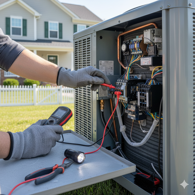 HVAC technician tests electrical components of an air conditioning unit outdoors with a multimeter.