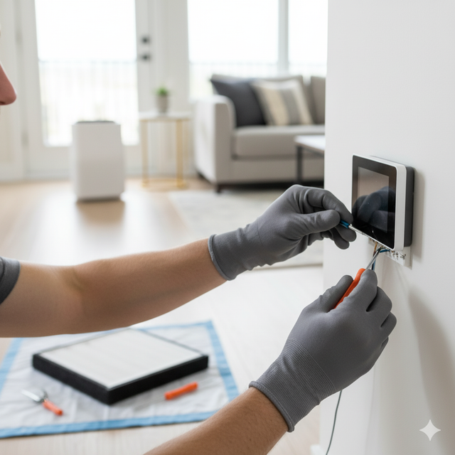 Person in grey gloves wiring a smart home device on a white wall in a living room.