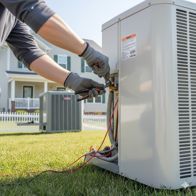 HVAC technician fixing an air conditioner unit outside a house, using pliers and wearing gloves.