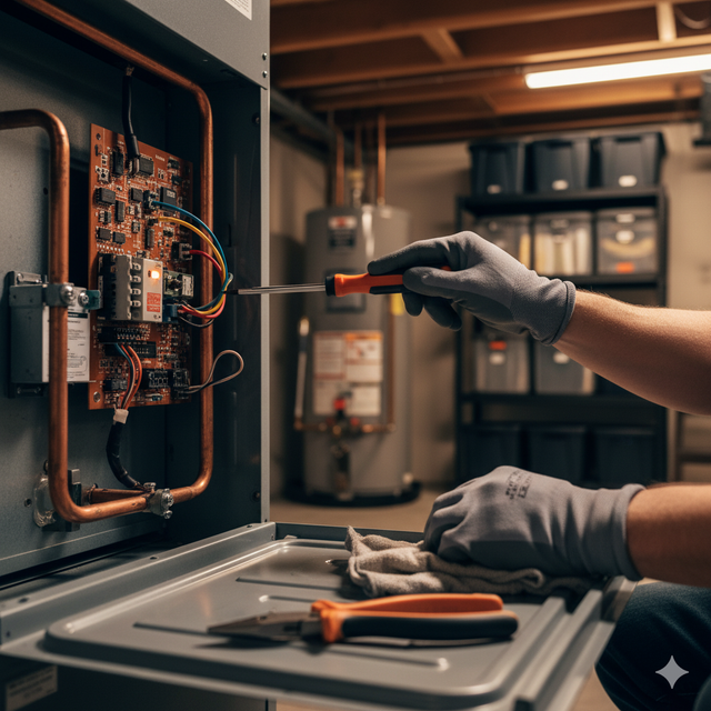A person in gray gloves uses a screwdriver on electrical panel in a basement; a tray of tools sits below.
