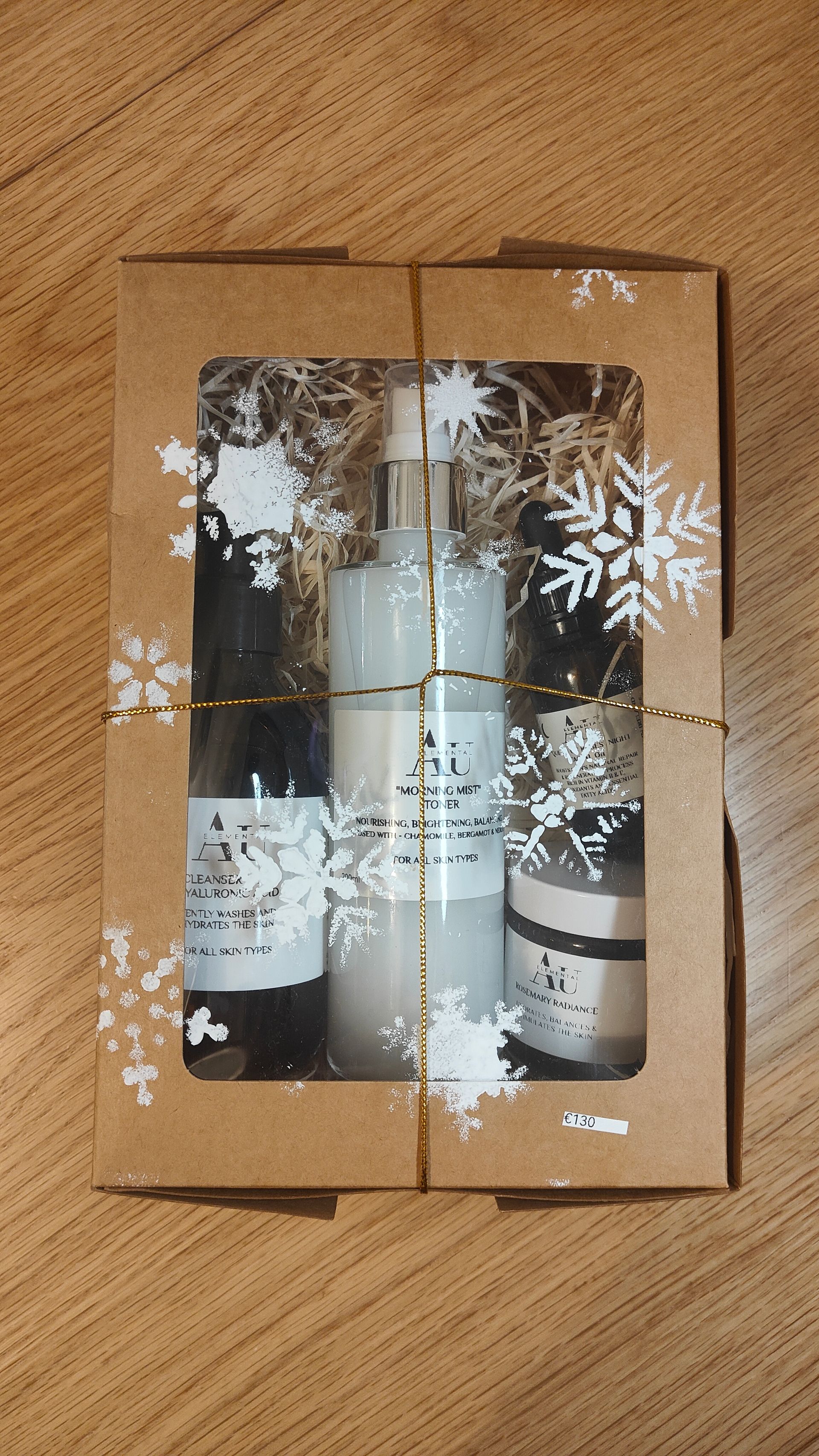 Christmas Gift Box containing full size of Cleanser with Hyaluronic Acid, Morning Mist Toner, Rosemary Radiance Moisturiser & Queen of Roses Night Facial Oil