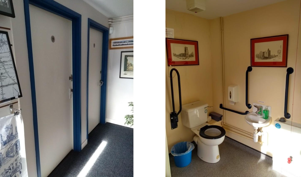 Two pictures of a hallway and a bathroom with a toilet