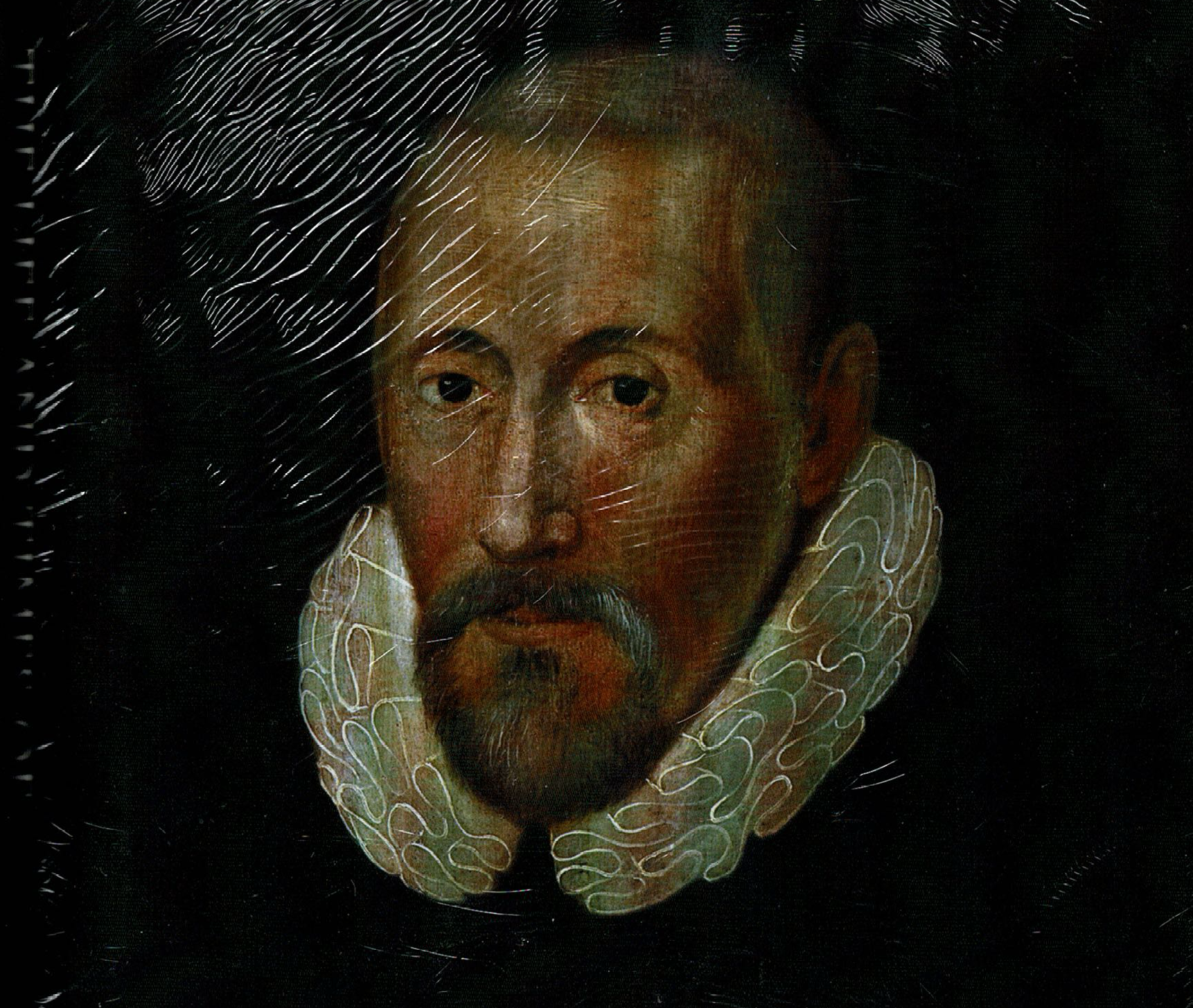 A painting of a man with a beard and a green collar