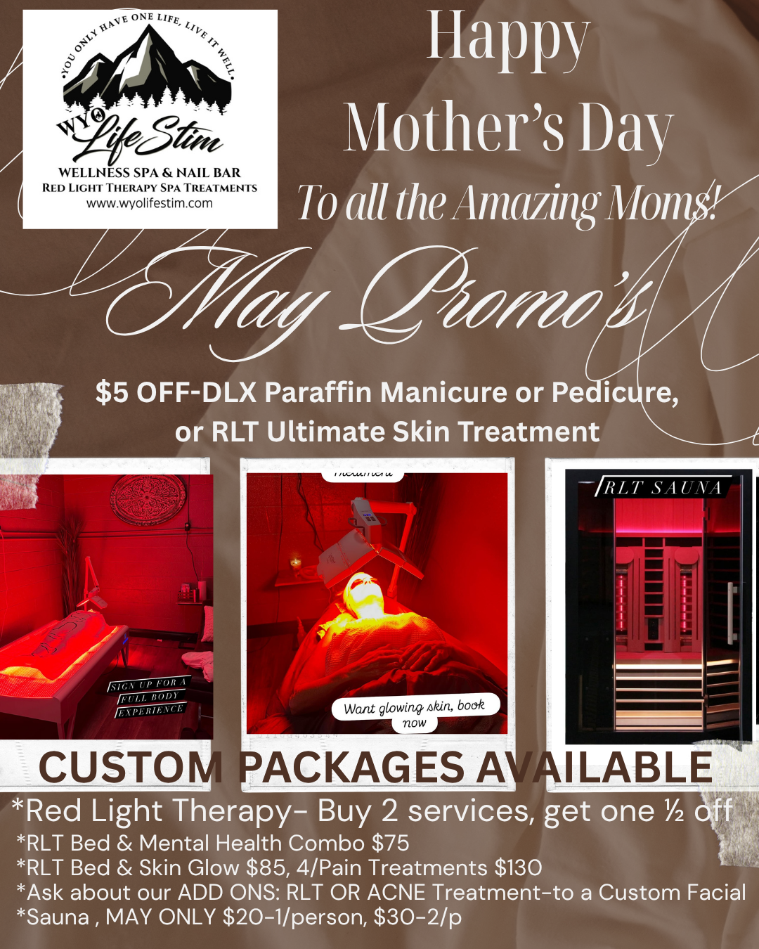Mother’s Day spa promo poster with red-lit relaxation rooms and custom package offers