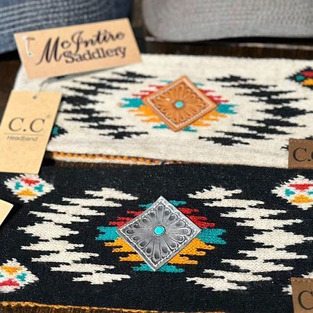 A rug with a native american design is sitting on a wooden table.