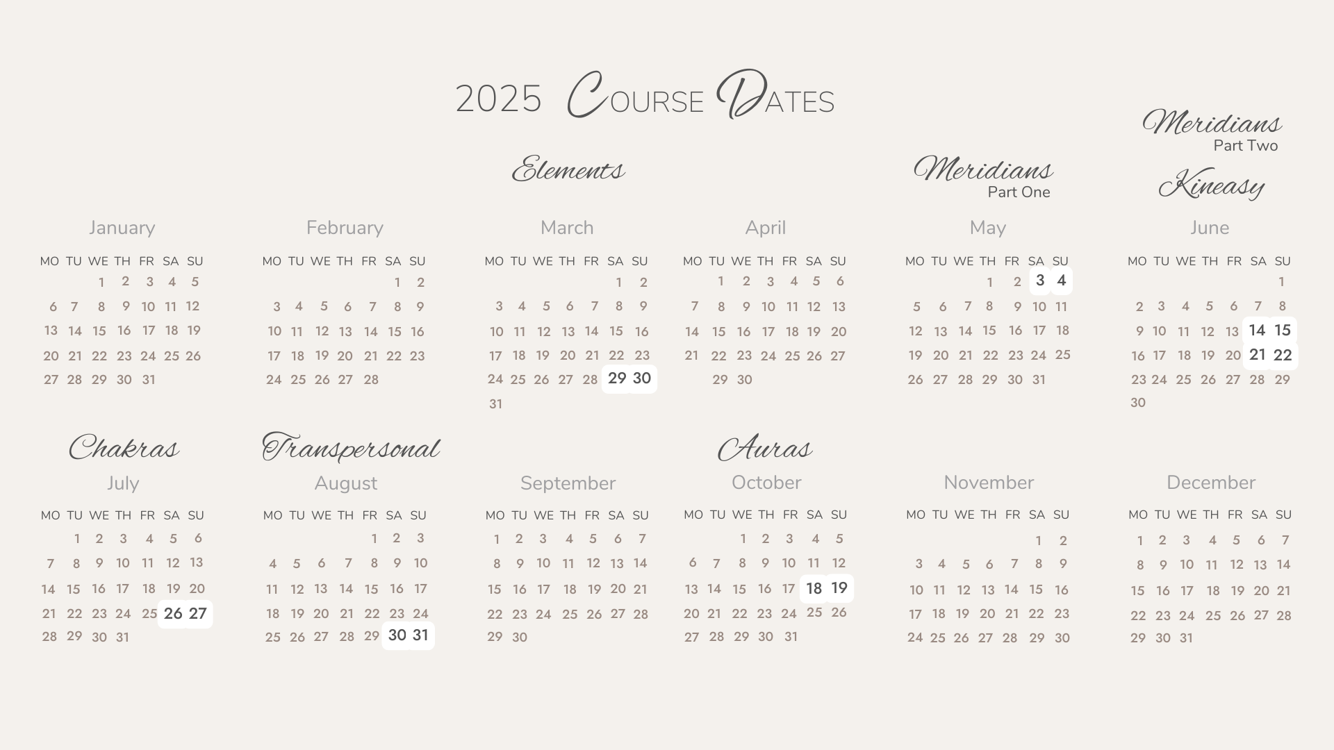 calendar of course dates