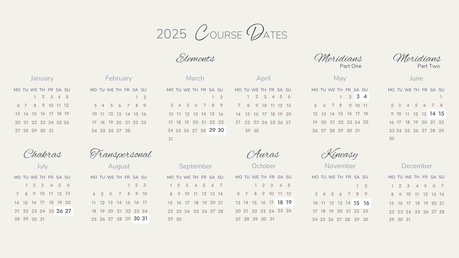 calendar of course dates