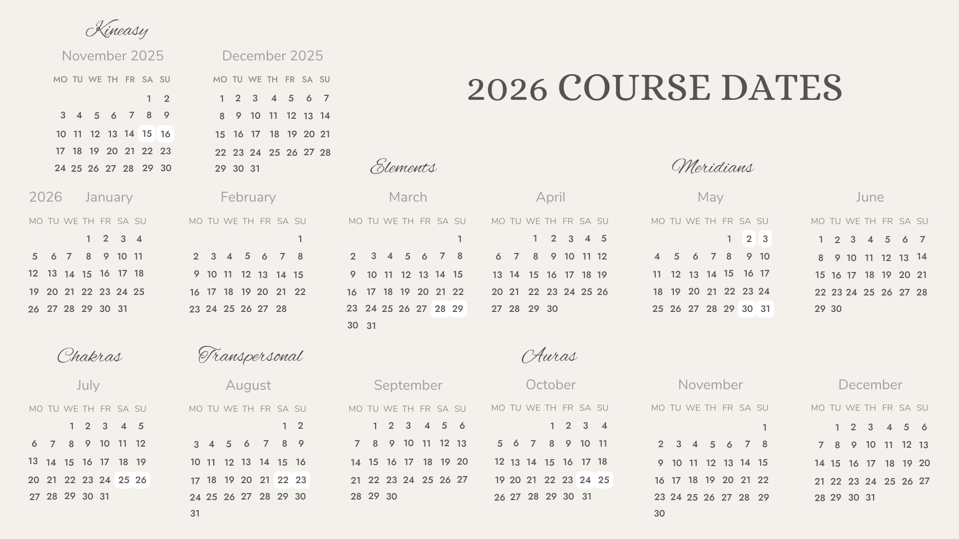 calendar of course dates
