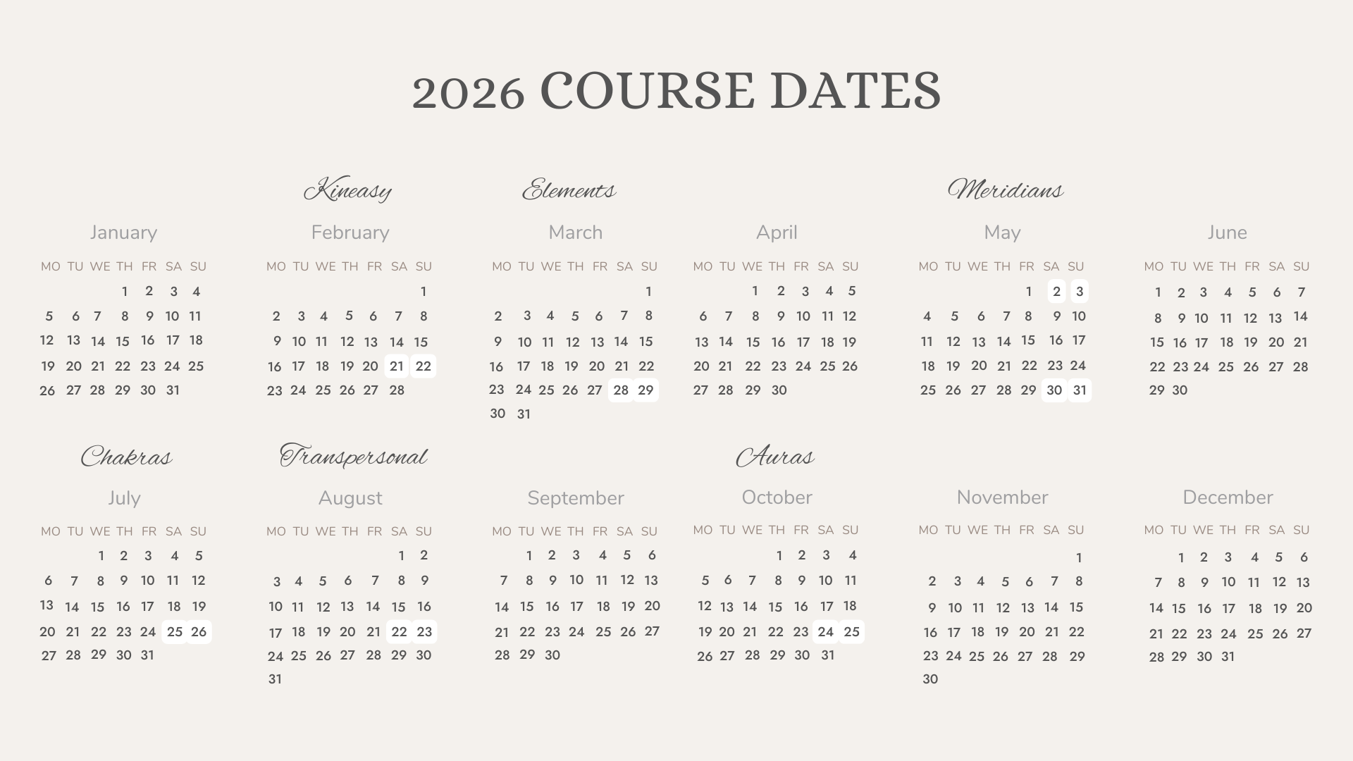 calendar of course dates