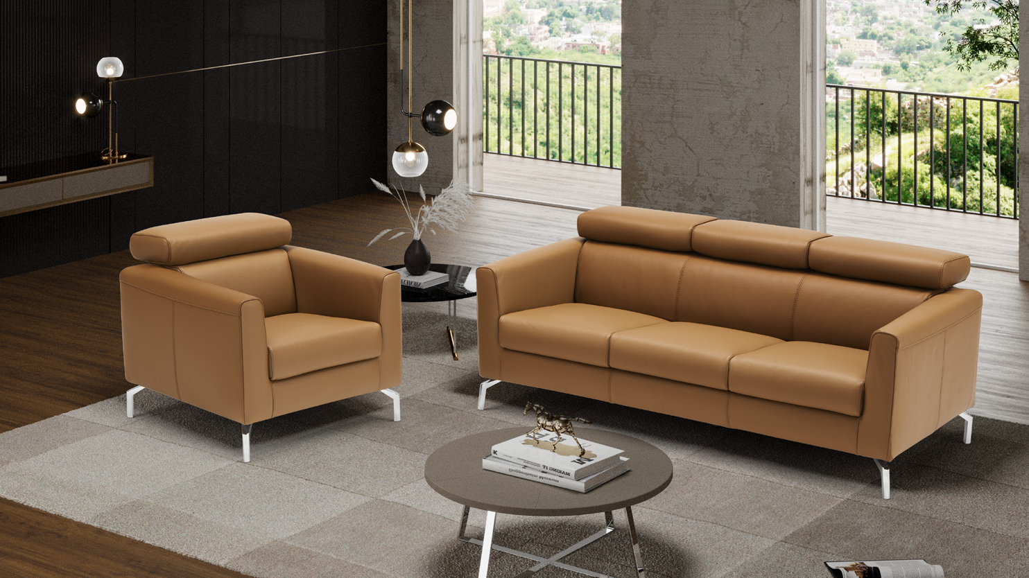 Ein Wohnzimmer mit Sofa, Stuhl und Tisch.