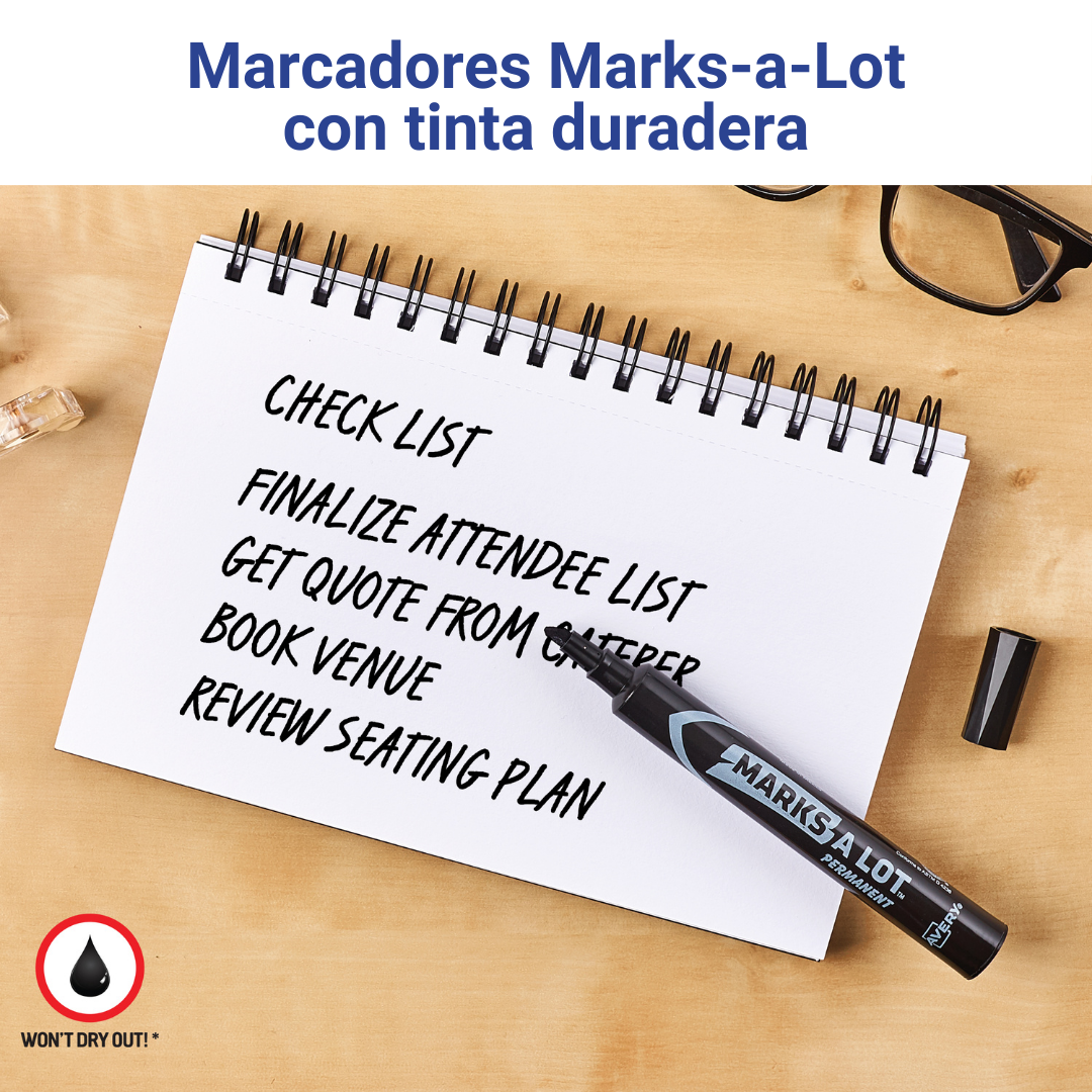 Un bloc de notas con un marcador que dice marcadores marks-a-lot