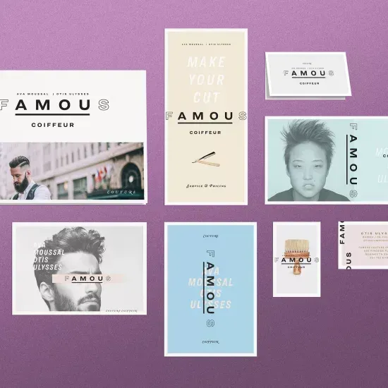 Un fondo morado con un montón de tarjetas para un peluquero famoso.